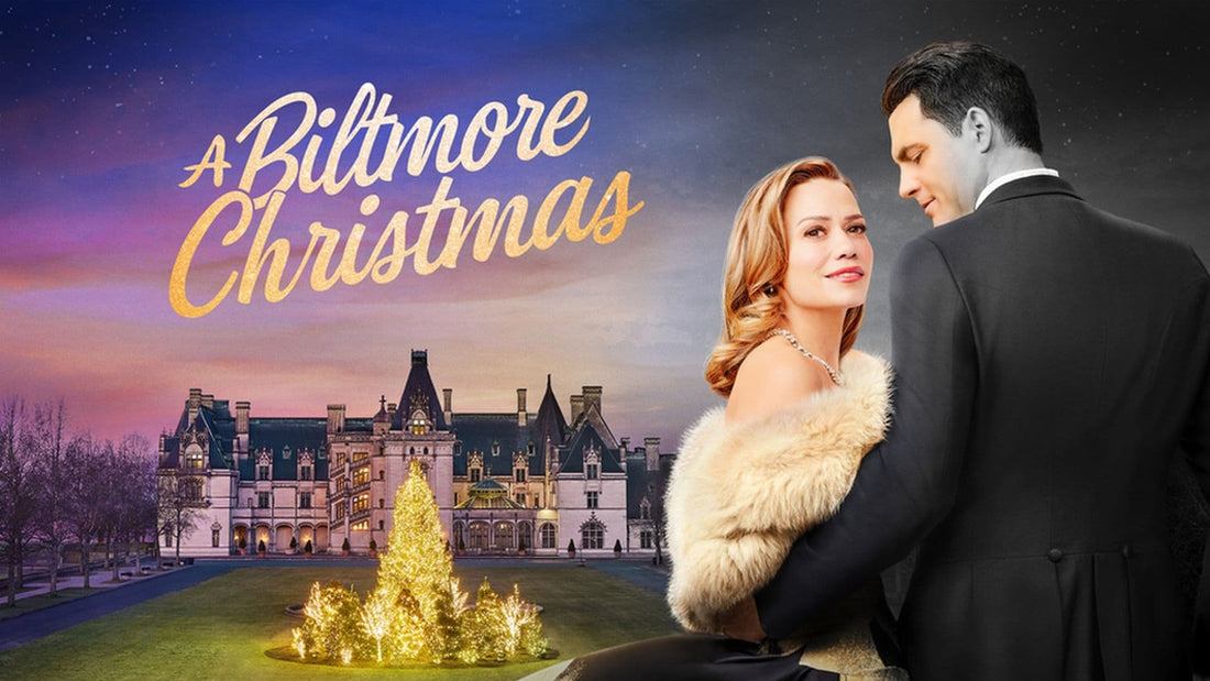Promotional poster showing Bethany Joy Lenz in a fur wrap embracing Kristoffer Polaha in a tuxedo, set against a twilight view of the lit Biltmore Estate and a glowing Christmas tree.