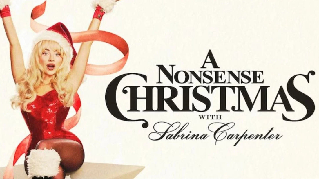 A promotional poster showing Sabrina Carpenter with blonde hair and a Santa hat, wearing a red sequined outfit with white fluffy cuffs, blowing a kiss with arms raised next to bold black typography reading A Nonsense Christmas with Sabrina Carpenter.
