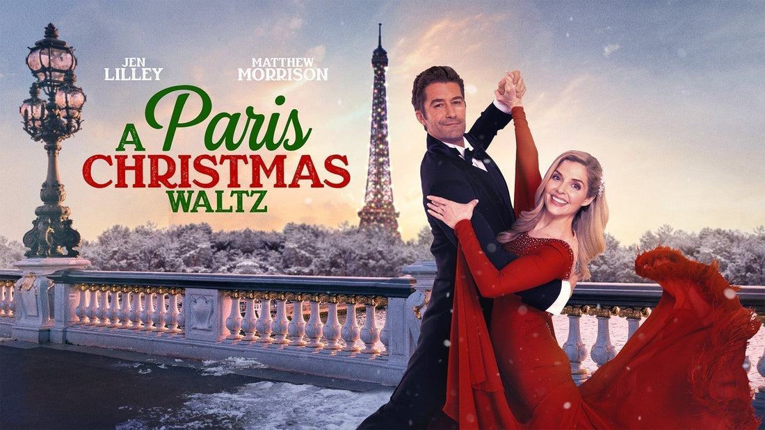 Title poster showing Matthew Morrison in a black tuxedo waltzing with Jen Lilley in a flowing red gown atop a snow-dusted bridge in Paris, with a lit-up Eiffel Tower in the background.
