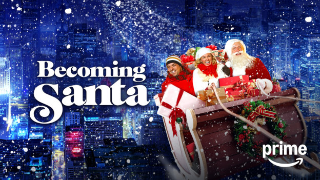 Official title poster for Becoming Santa showing Jesse Hutch, Laura Bell Bundy, and Michael Gross riding a flying sleigh filled with gifts.