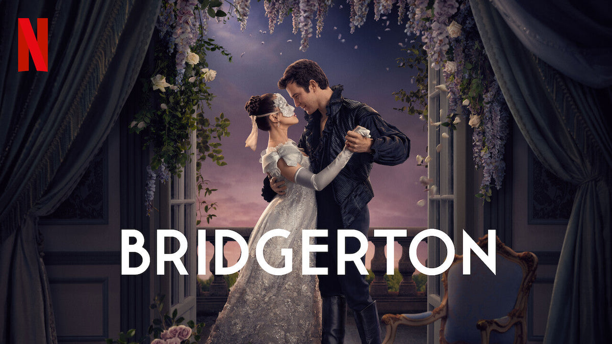 Official poster for Bridgerton Season 4 showing Luke Thompson and Yerin Ha dancing together inside a floral-trimmed balcony.