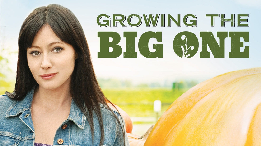 Promotional image featuring a close-up of Shannen Doherty wearing a denim jacket next to a massive, bright orange-yellow pumpkin, with the green title text "GROWING THE BIG ONE" at the top right.