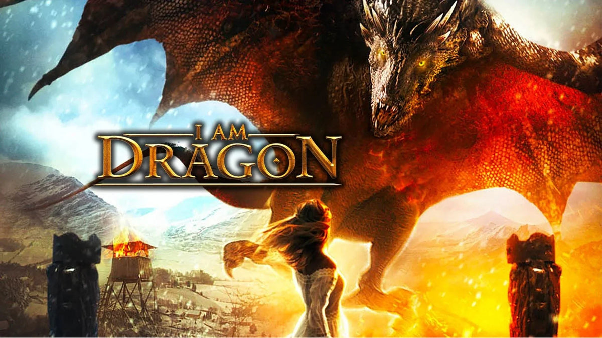 Official poster for I Am Dragon showing a woman facing a massive fire-breathing dragon above a snowy landscape.