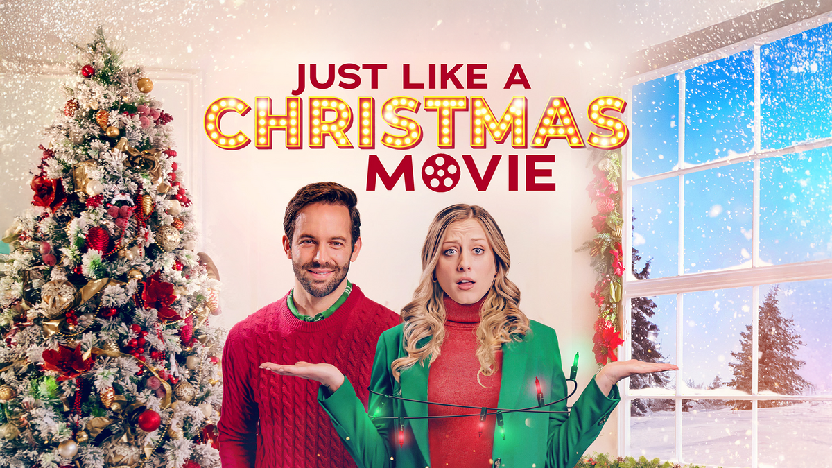Official title poster for Just Like a Christmas Movie featuring Brad Harder and Marlie Collins wrapped in holiday lights near a decorated tree.