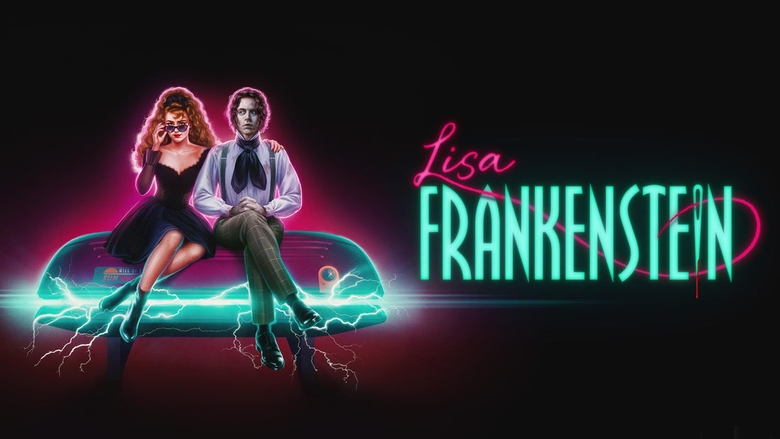 Stylized promotional poster showing an 80s-clad Lisa lowering her sunglasses next to the pale Creature, both sitting on top of a neon-glowing tanning bed emitting electric sparks, beside the glowing title "Lisa Frankenstein."