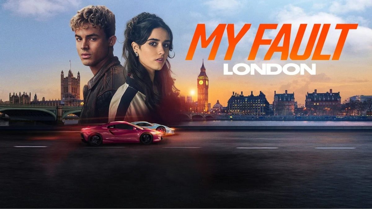 Official poster for My Fault: London featuring Nick and Noah above sports cars racing along the London skyline.