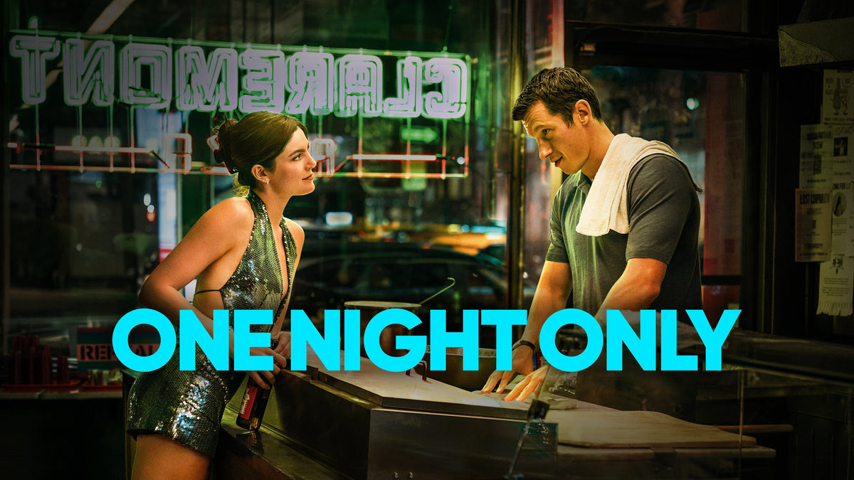 Promotional banner for One Night Only featuring Monica Barbaro in a sequin dress leaning against a pizzeria counter while Callum Turner works.
