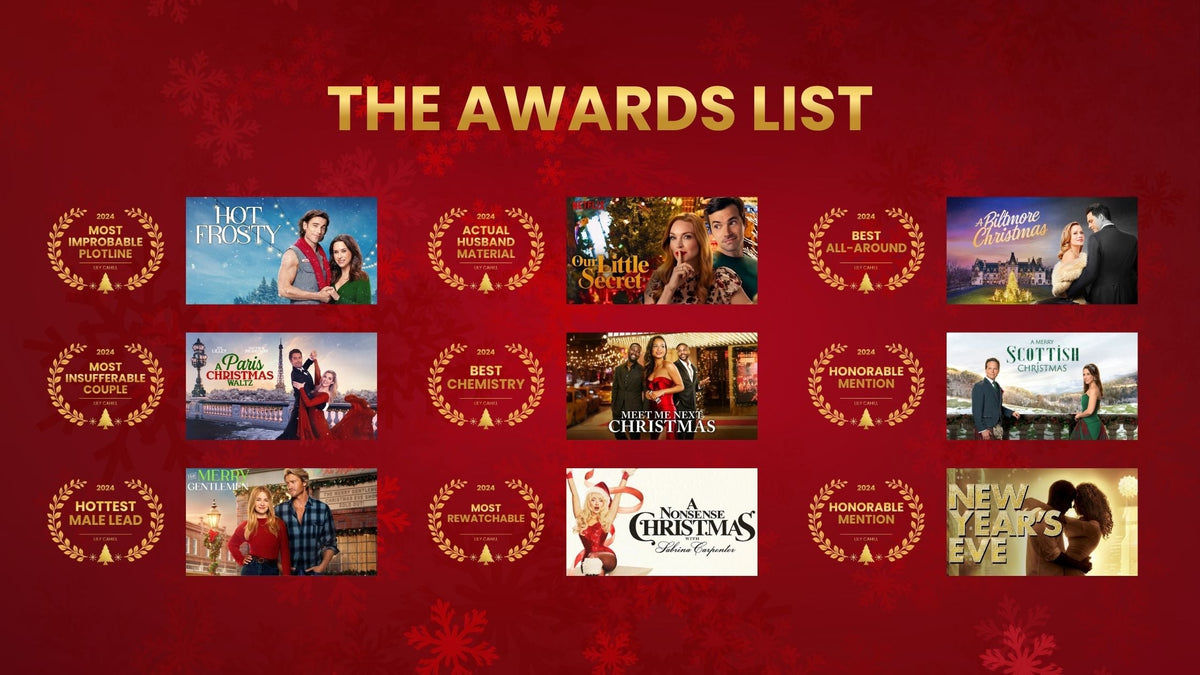 Grid layout of the 2024 Christmas Movie Awards winners pairing laurel wreath badge categories with holiday film posters.