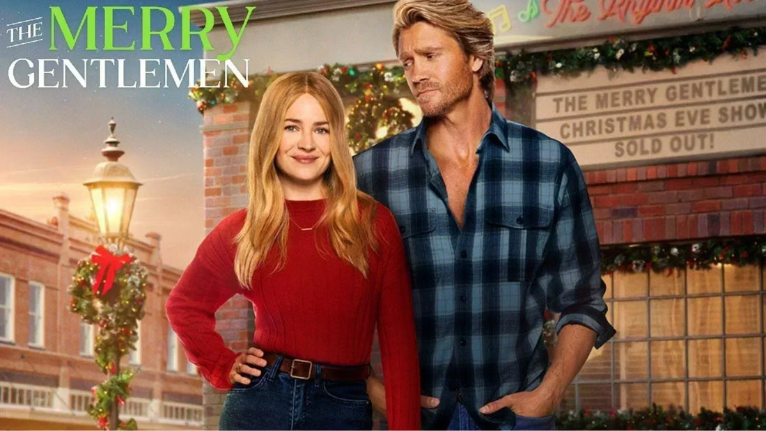 A promotional poster showing Britt Robertson in a red sweater next to Chad Michael Murray in an open flannel shirt, set against a festive town street with a venue marquee reading "Sold Out!" in the background.