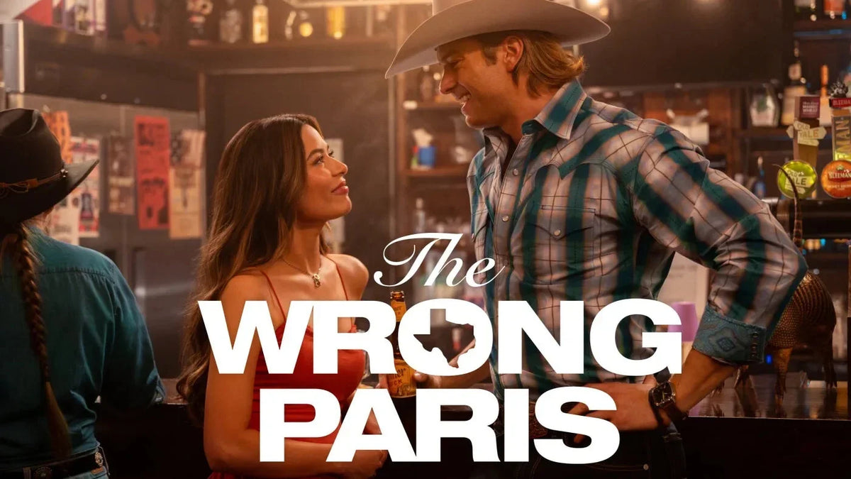 Official movie title graphic for The Wrong Paris showing Miranda Cosgrove and a cowboy smiling at each other inside a rustic bar.
