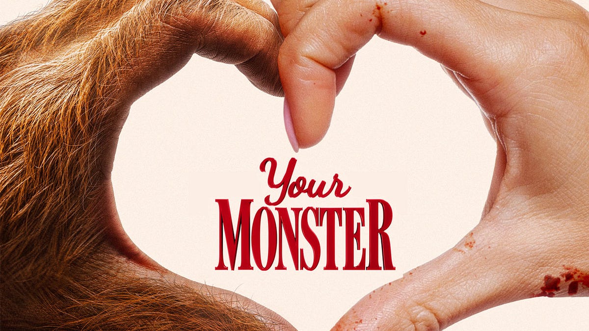 Official promotional graphic for Your Monster showing a hairy monster hand and a bloody human hand forming a heart shape around the title.